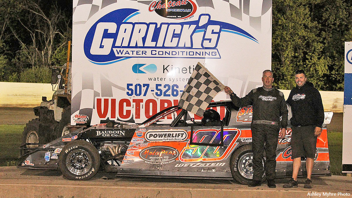 Steve Wetzstein of West Concord won the French's Repair USRA Modified main event at the Chateau Speedway on Friday, May 20, 2022. (Photo by Ashley Myhre, Deep Wolf Graphics)