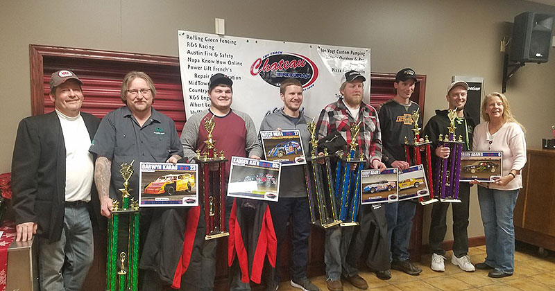 2018 Chateau Speedway Season Champions (L to R) Track Owner Mark Wytaske, Frenchs Repair USRA A Mod Champion Darwyn Karau  Kasson, USRA B Mod Champion Kadden Kath  Owatonna, WISSOTA Midwest Modified Champion Mitch Weiss  Scandia, WISSOTA Street Stock Champion Kory Adams -Stacyville IA, Power 96 Pure Stock Champion Jesse Stahl  Austin, Y Waste Hornet Champion Brian Adams  Shakopee, Annette Wytaske.